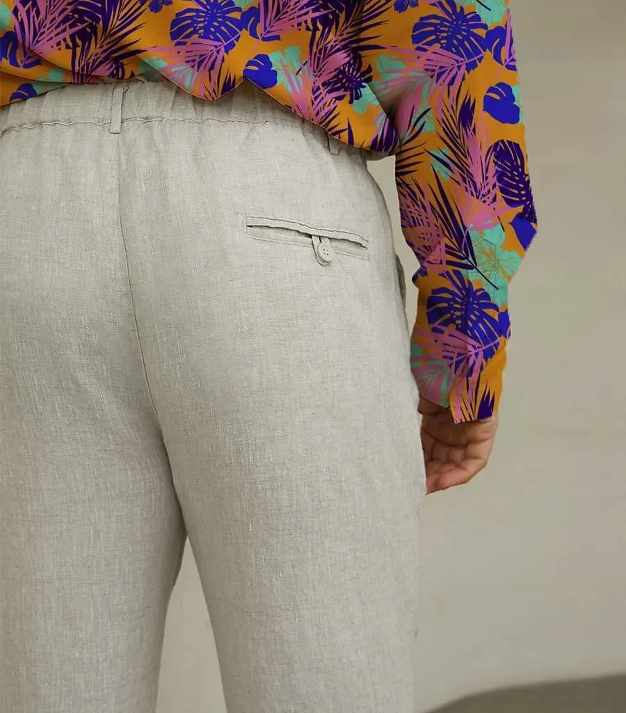 100% Linen Drawstring Elastic Waistband Pants