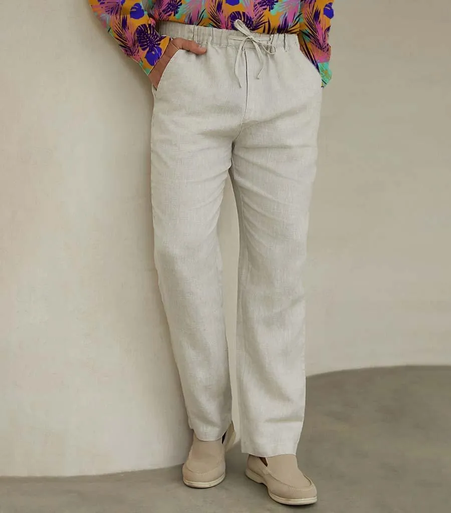 100% Linen Drawstring Elastic Waistband Pants