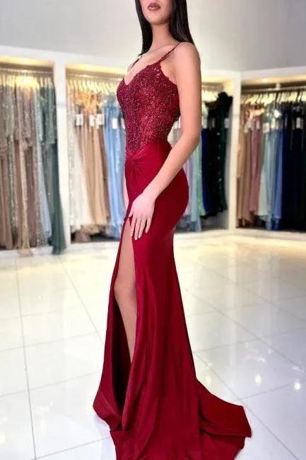 Amazing Long Mermaid Burgundy Spaghetti Straps Lace Prom Dress With Slit