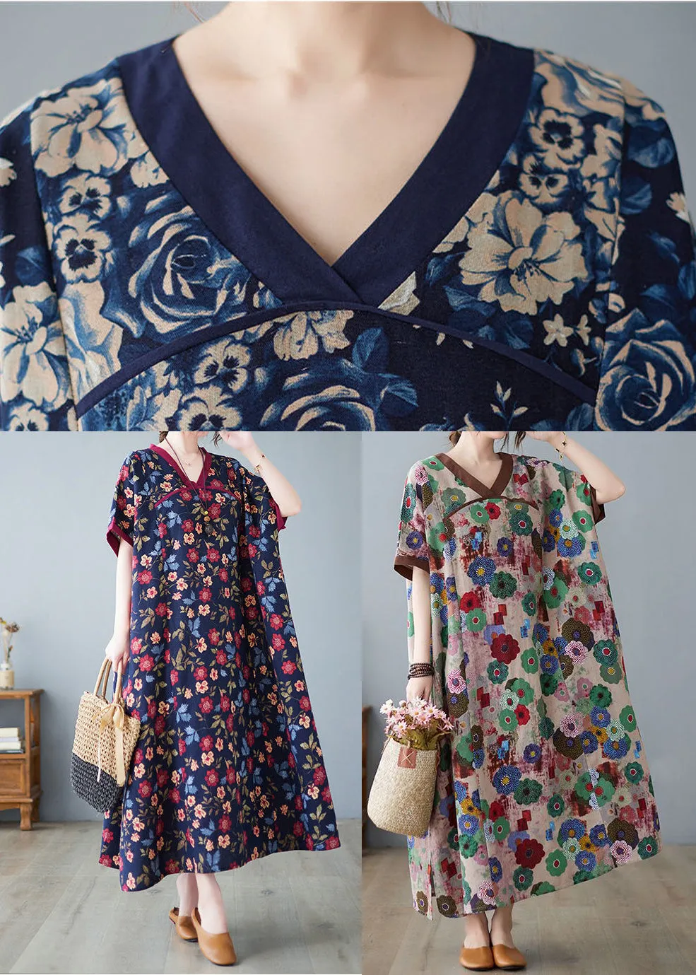 Boho Navy Oversized Print Cotton Vacation Dresses Summer LY0905