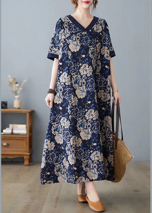 Boho Navy Oversized Print Cotton Vacation Dresses Summer LY0905