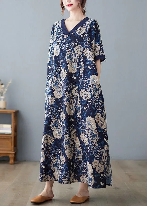 Boho Navy Oversized Print Cotton Vacation Dresses Summer LY0905