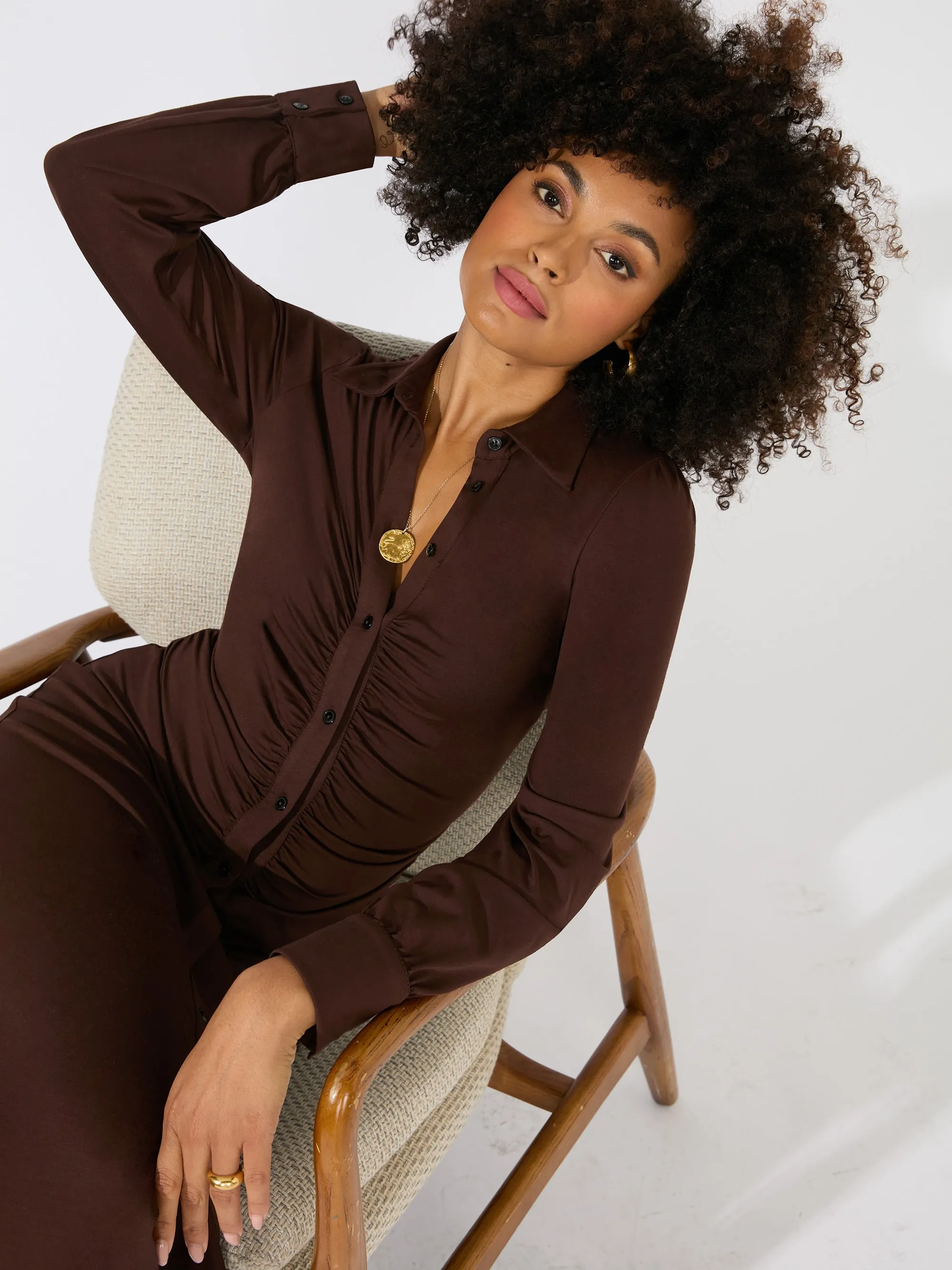 Brown Jersey Ruched Front Dress