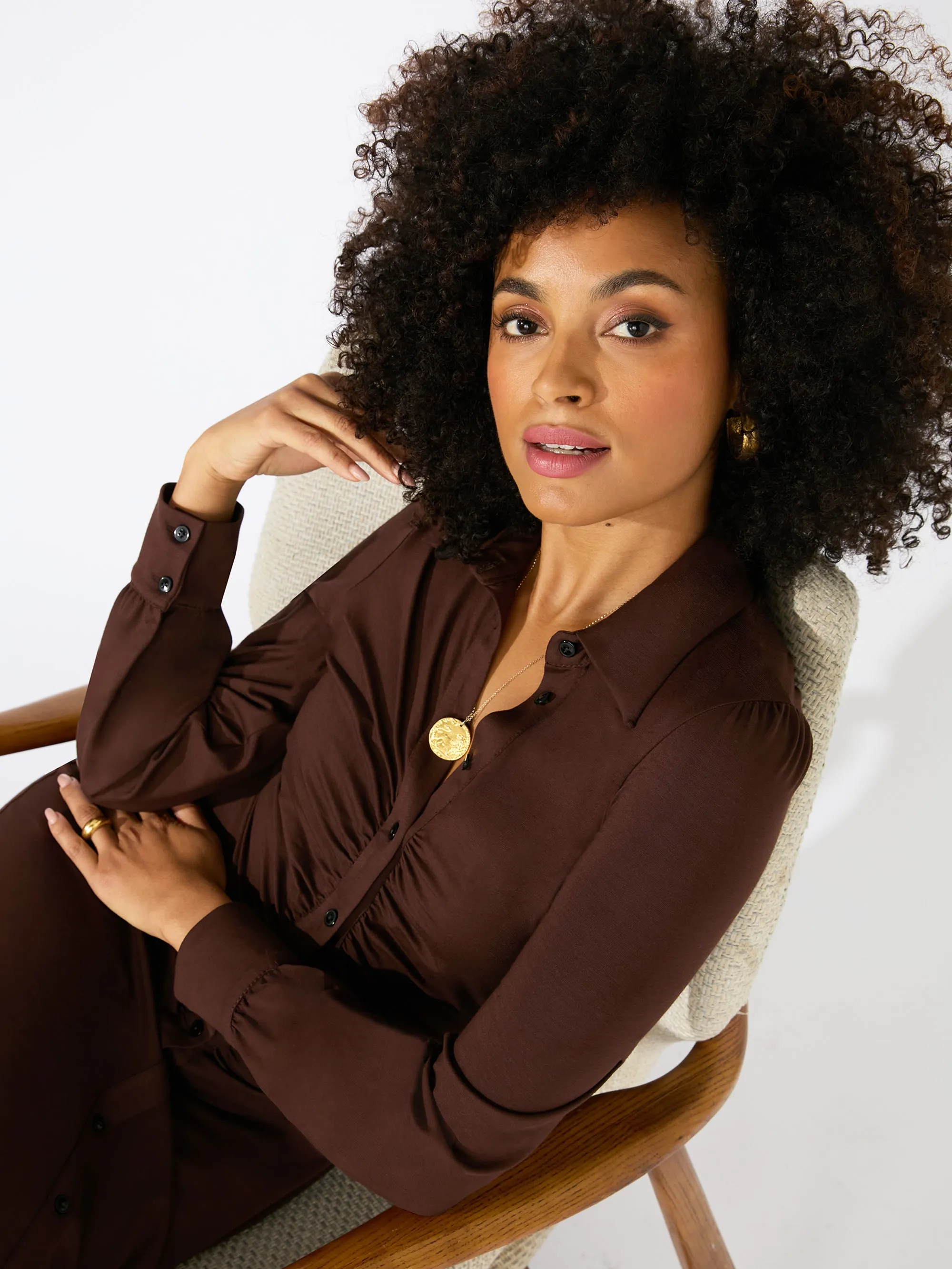 Brown Jersey Ruched Front Dress