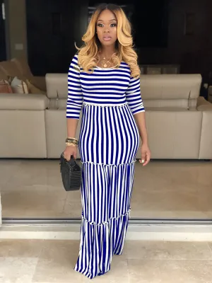 Casual Striped Ruffle Hem Maxi Dresses