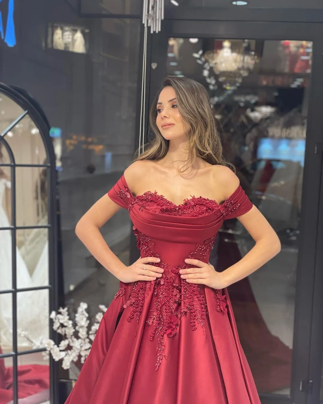 Charming Floor Length Sweetheart Off-The-Shoulder A-Line Satin Wedding Dress with Appliques