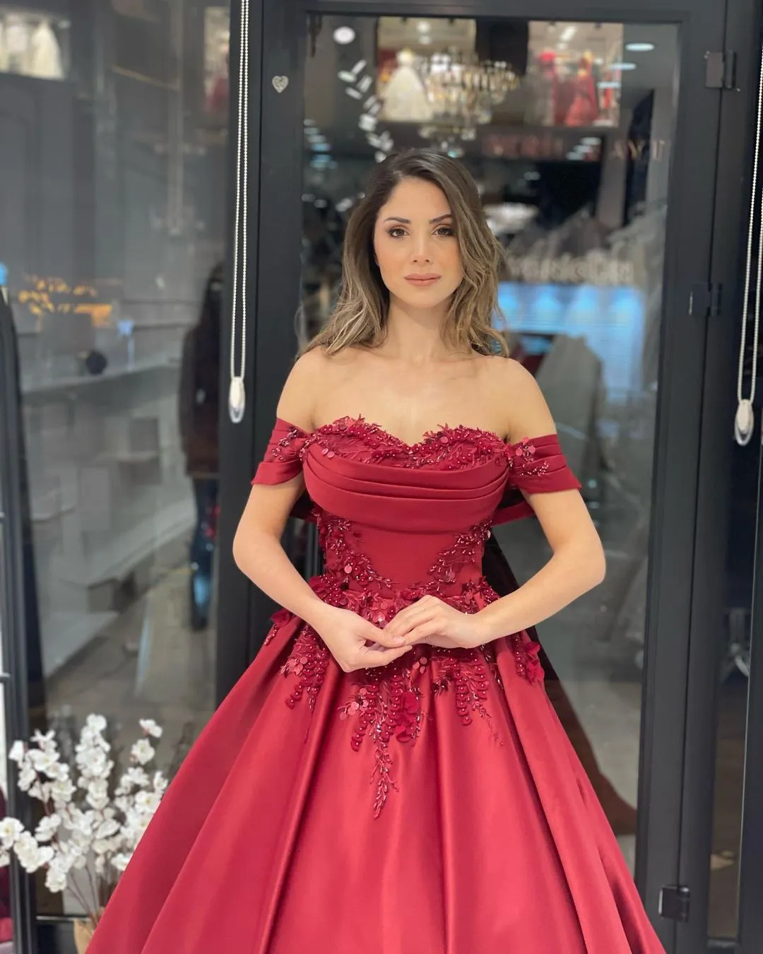 Charming Floor Length Sweetheart Off-The-Shoulder A-Line Satin Wedding Dress with Appliques
