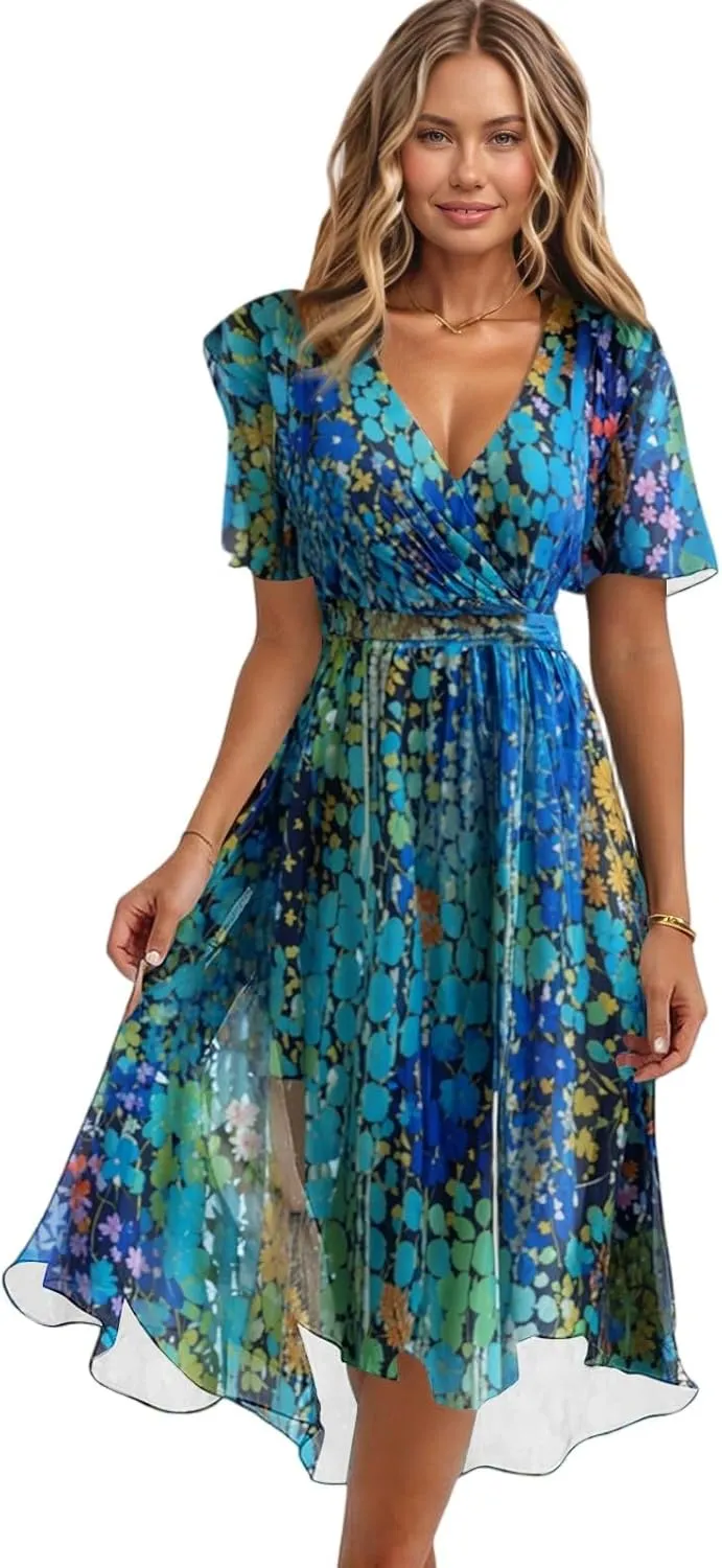 Chiffon Dresses for Women Cocktail 2025 Summer V Neck Wrap Dresses Wedding Guest Womens Midi Flowy Floral Dress