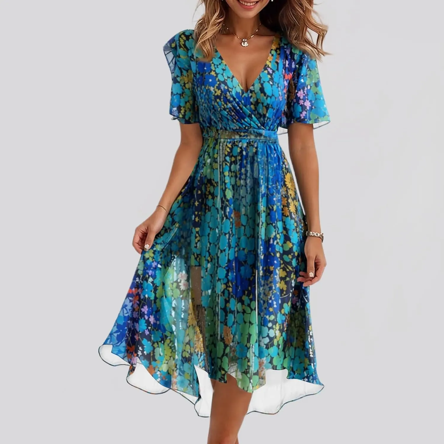 Chiffon Dresses for Women Cocktail 2025 Summer V Neck Wrap Dresses Wedding Guest Womens Midi Flowy Floral Dress