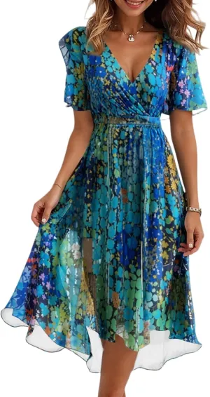 Chiffon Dresses for Women Cocktail 2025 Summer V Neck Wrap Dresses Wedding Guest Womens Midi Flowy Floral Dress