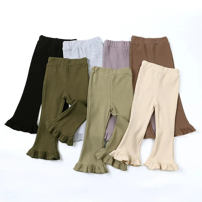 Children's Pants Girls Solid Elasticity Leggings Cotton Ruffle Trousers 1-8 Years Kids Boot Cut Pants Toddler Girls Flares Pant
