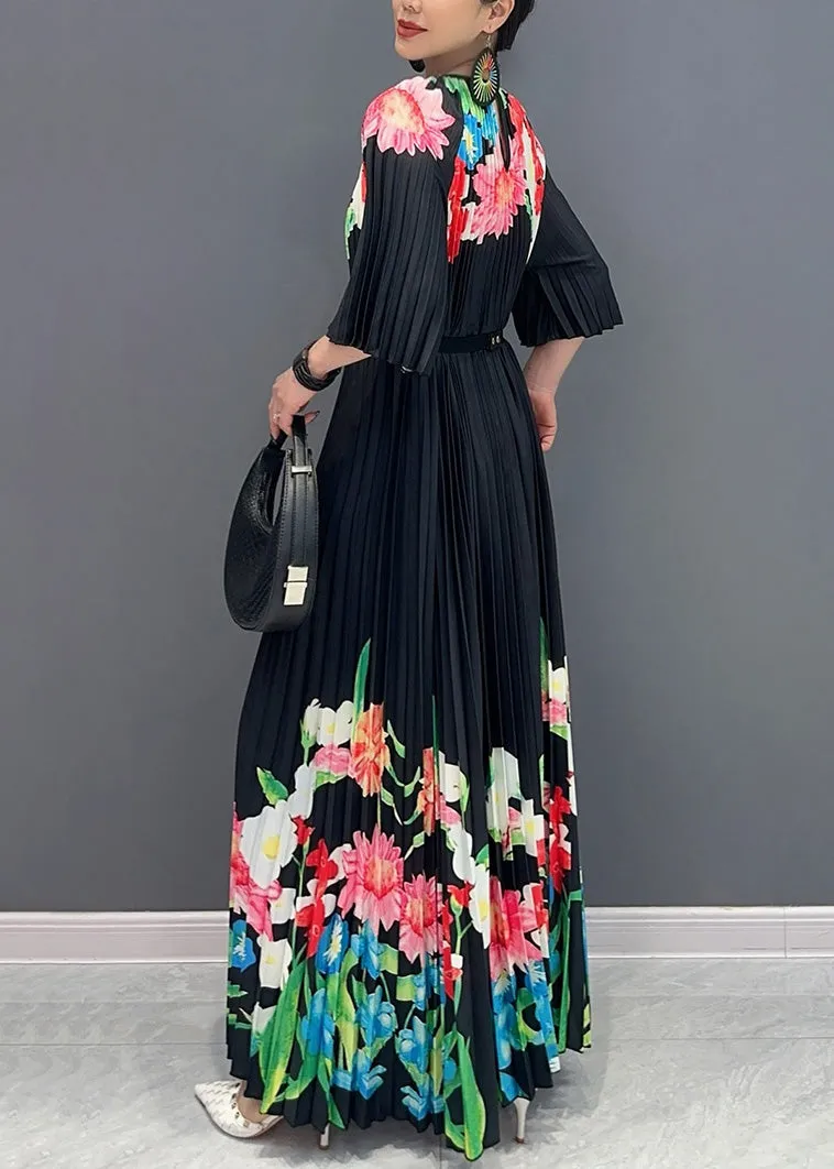 Classy Black O-Neck Print Flattering Maxi Dresses Half Sleeve AO1039