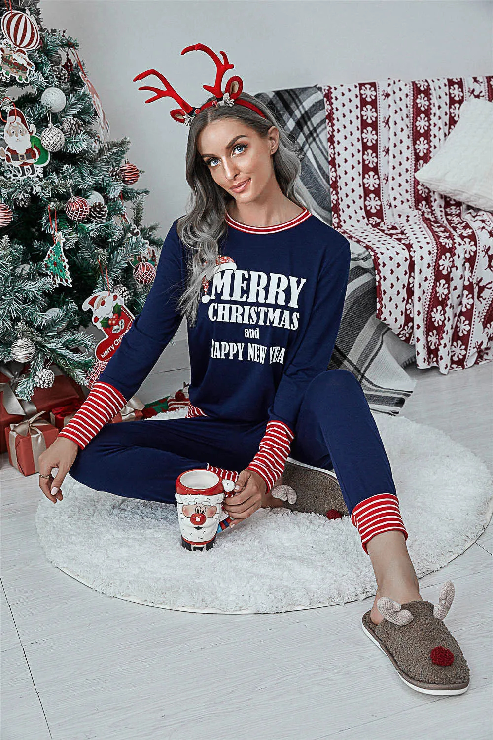 DressBetty - Merry Christmas Pajamas Set Casual Matching Set Full Sleeve Tops Pants 2 Pieces