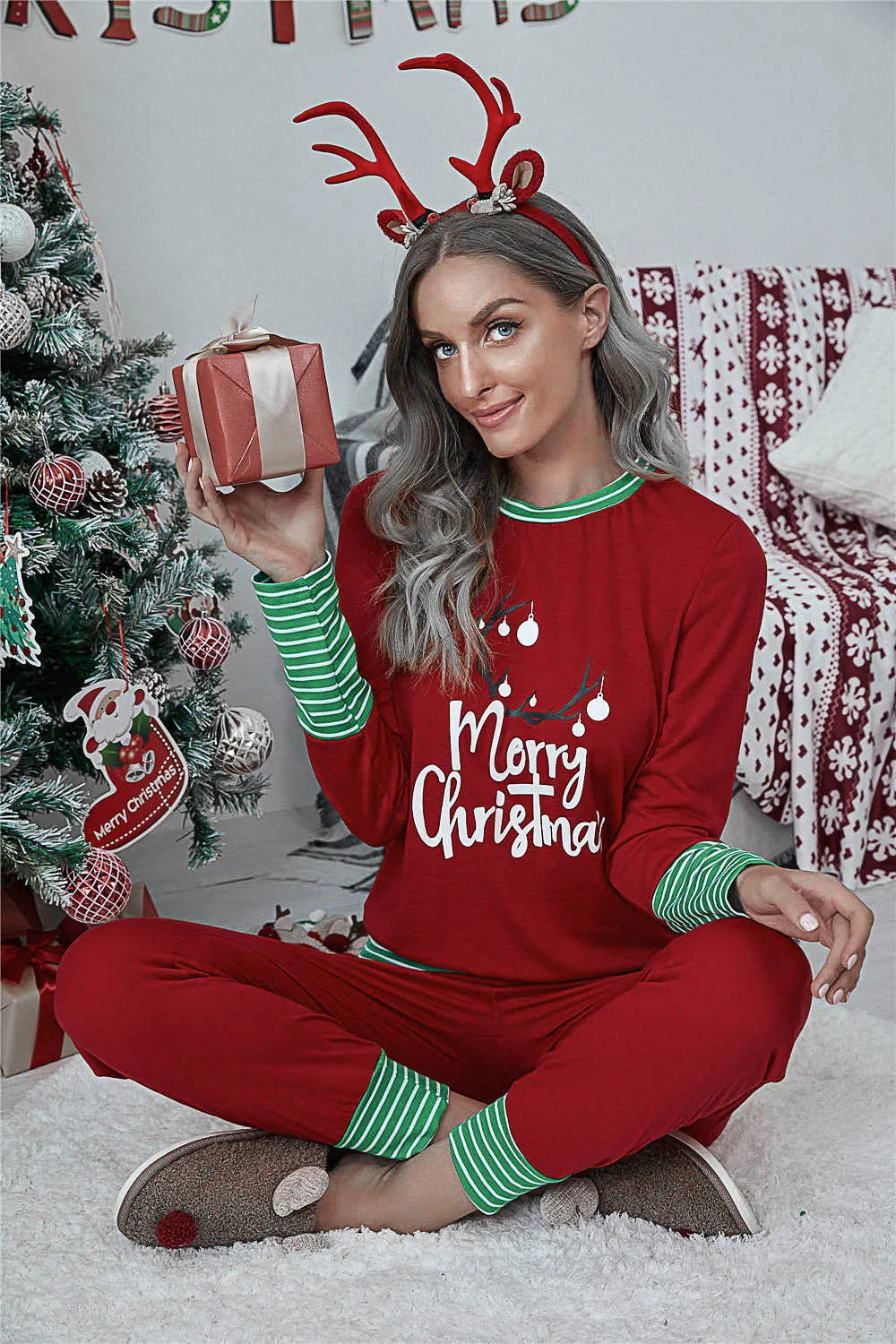 DressBetty - Merry Christmas Pajamas Set Casual Matching Set Full Sleeve Tops Pants 2 Pieces
