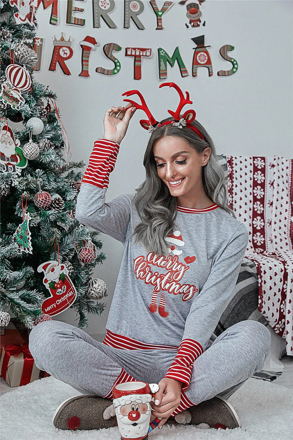 DressBetty - Merry Christmas Pajamas Set Casual Matching Set Full Sleeve Tops Pants 2 Pieces