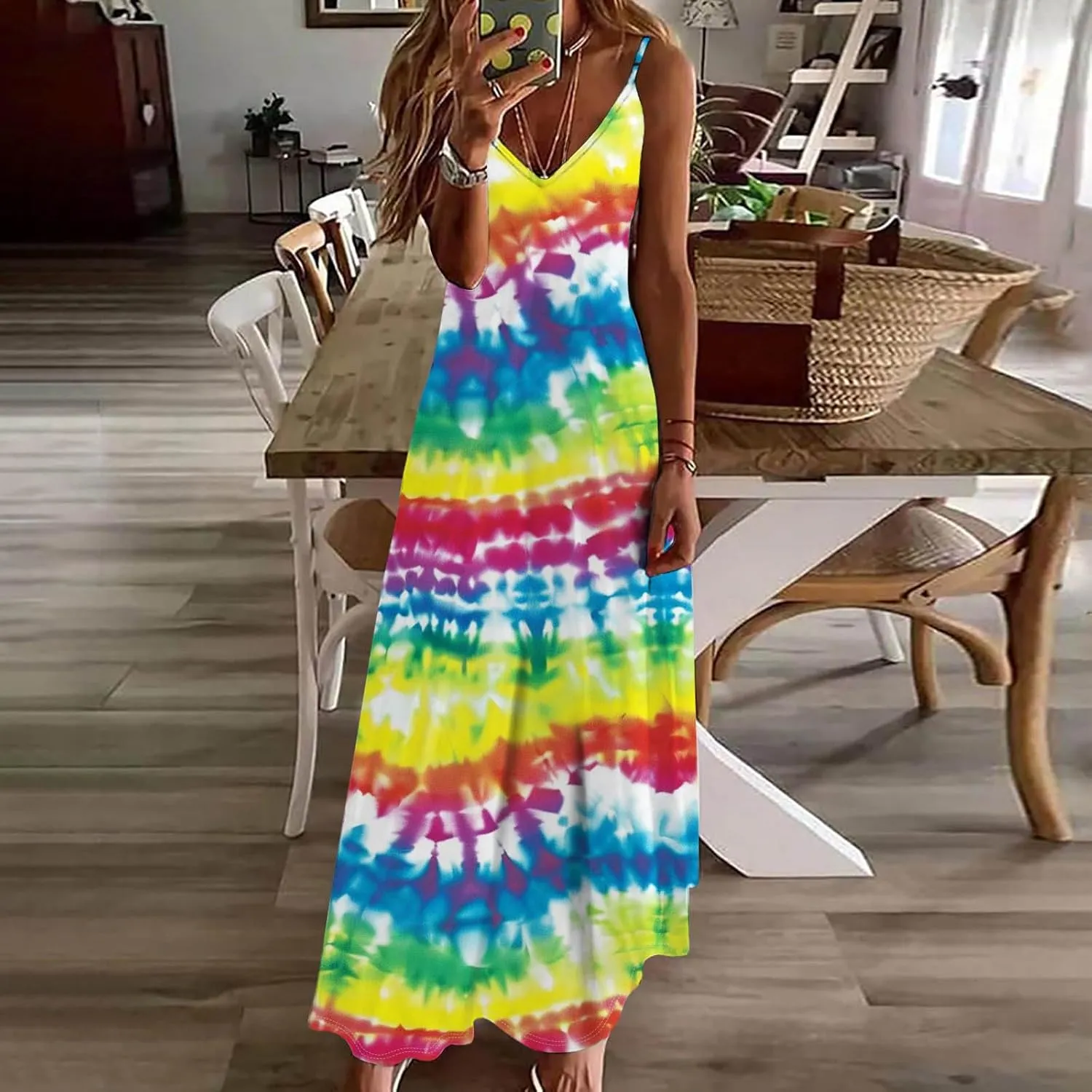 Dresses for Women 2024 Casual Spring, Sleeveless Casual V Neck Ruffle Dresses, Lightweight Floral Boho Dress