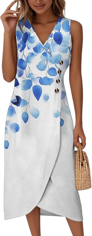 Dresses for Women Summer Elegant Wrap V Neck Sleeveless Floral Boho Dress Ruched Button Bodycon Sexy Midi Sundress