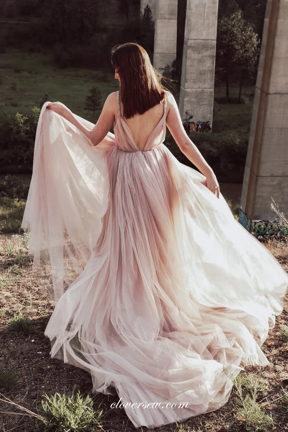 Dusty Pink Tulle Beaded Applique Boho Wedding Dresses, CW0269