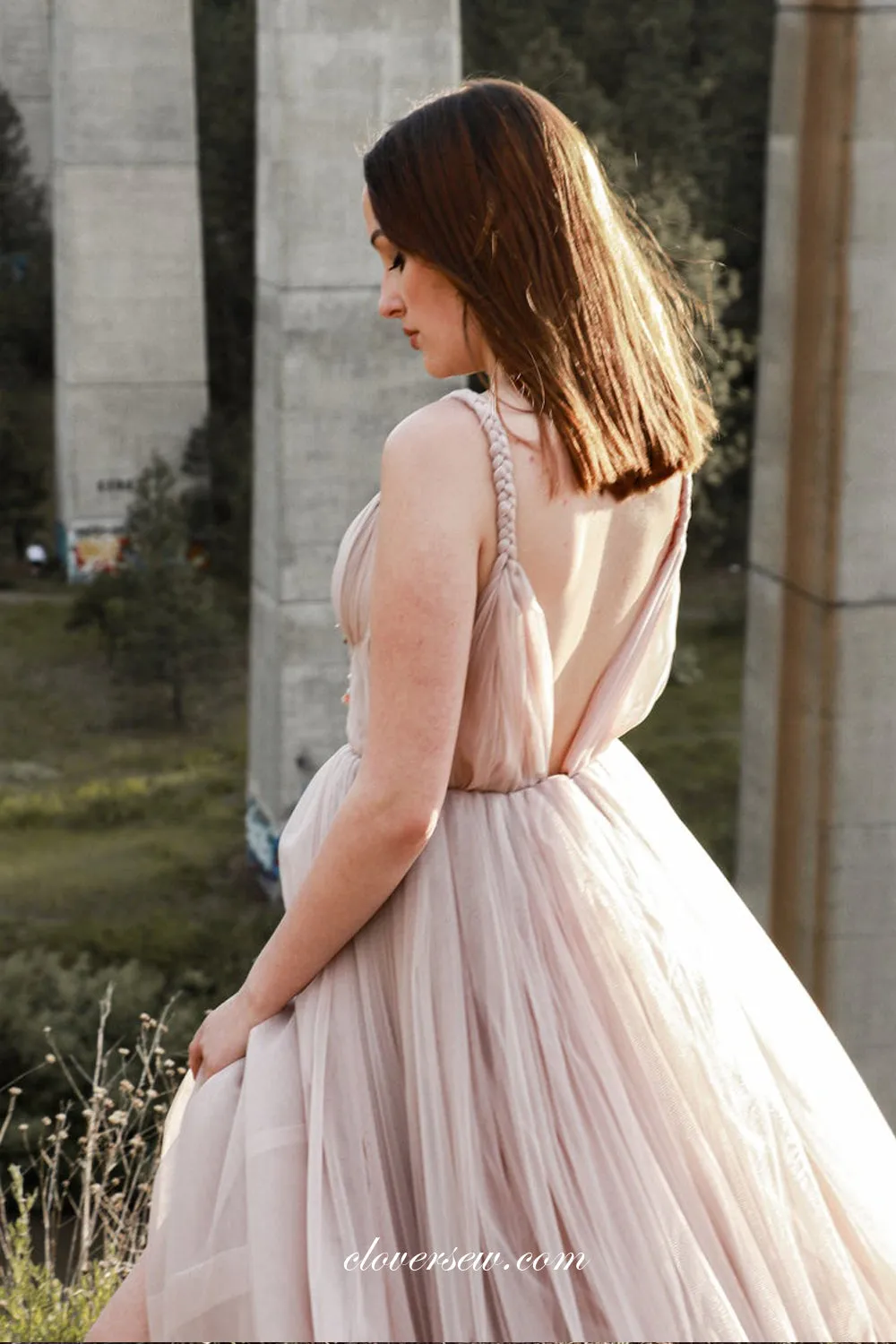 Dusty Pink Tulle Beaded Applique Boho Wedding Dresses, CW0269