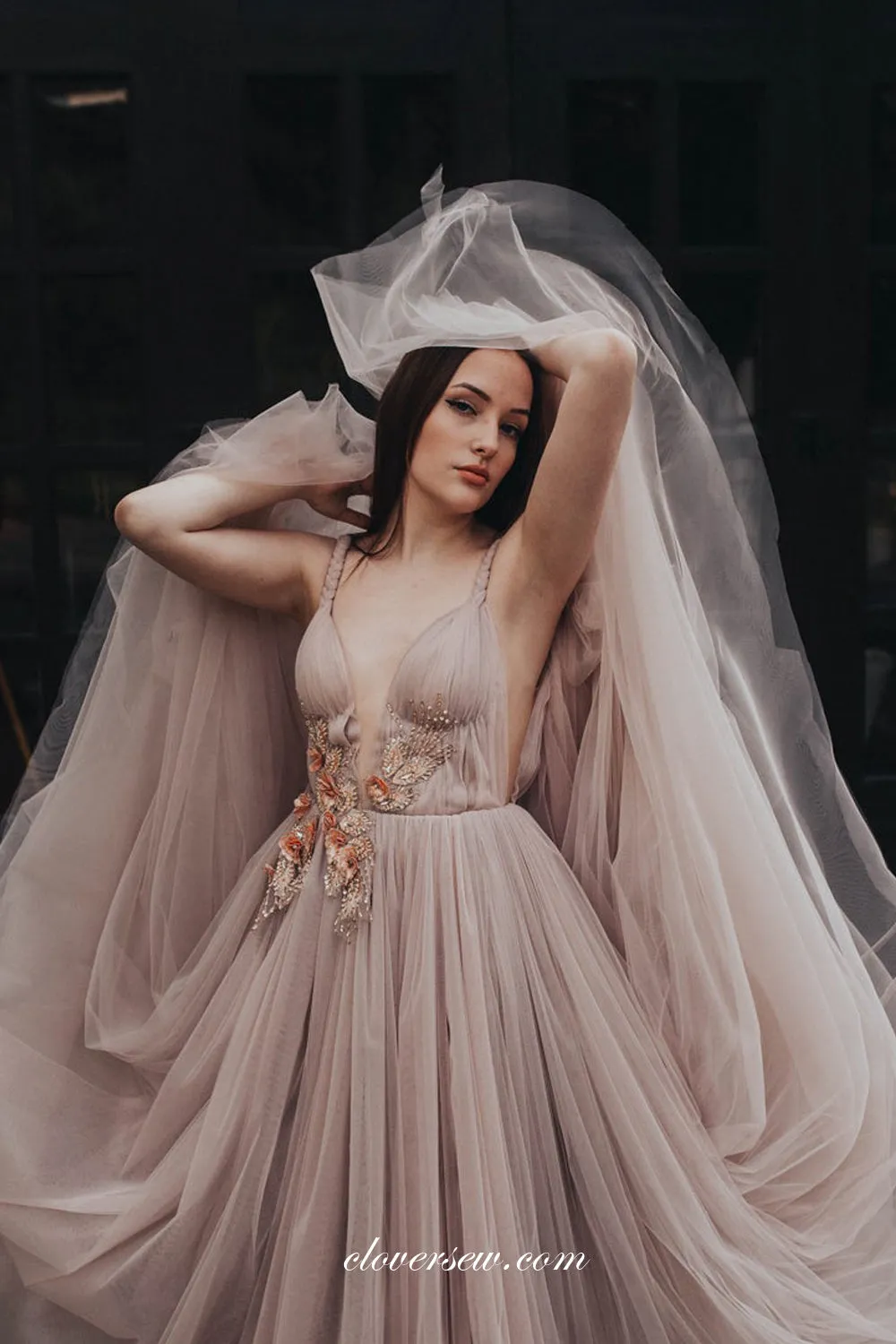 Dusty Pink Tulle Beaded Applique Boho Wedding Dresses, CW0269