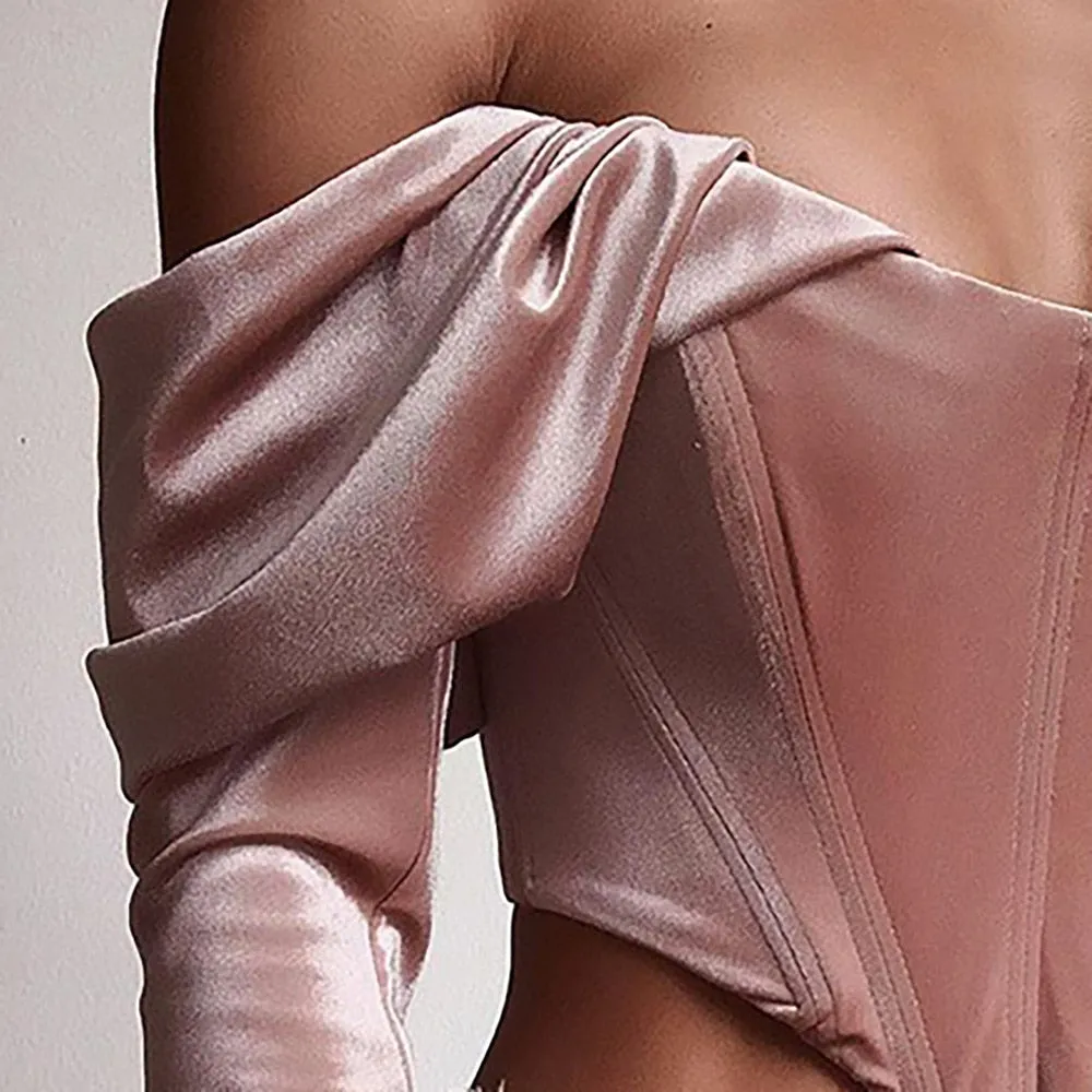 Elegant Pink Ruched Crop Tops Female Puff Sleeve