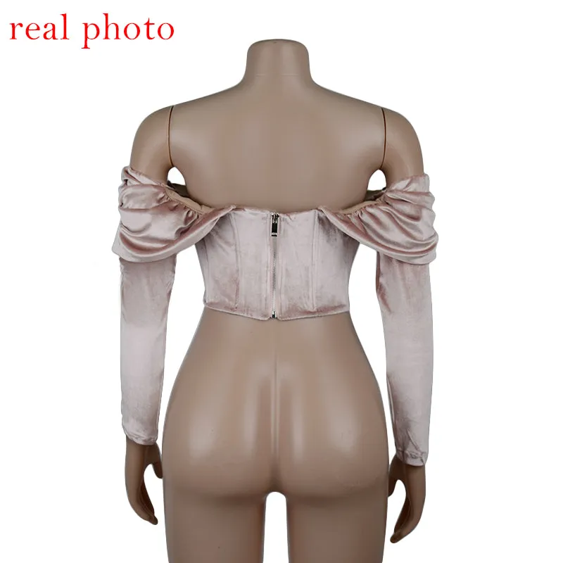 Elegant Pink Ruched Crop Tops Female Puff Sleeve