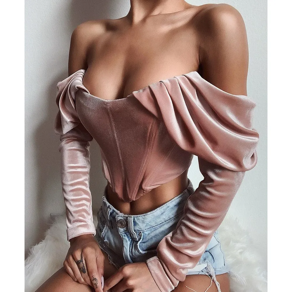 Elegant Pink Ruched Crop Tops Female Puff Sleeve