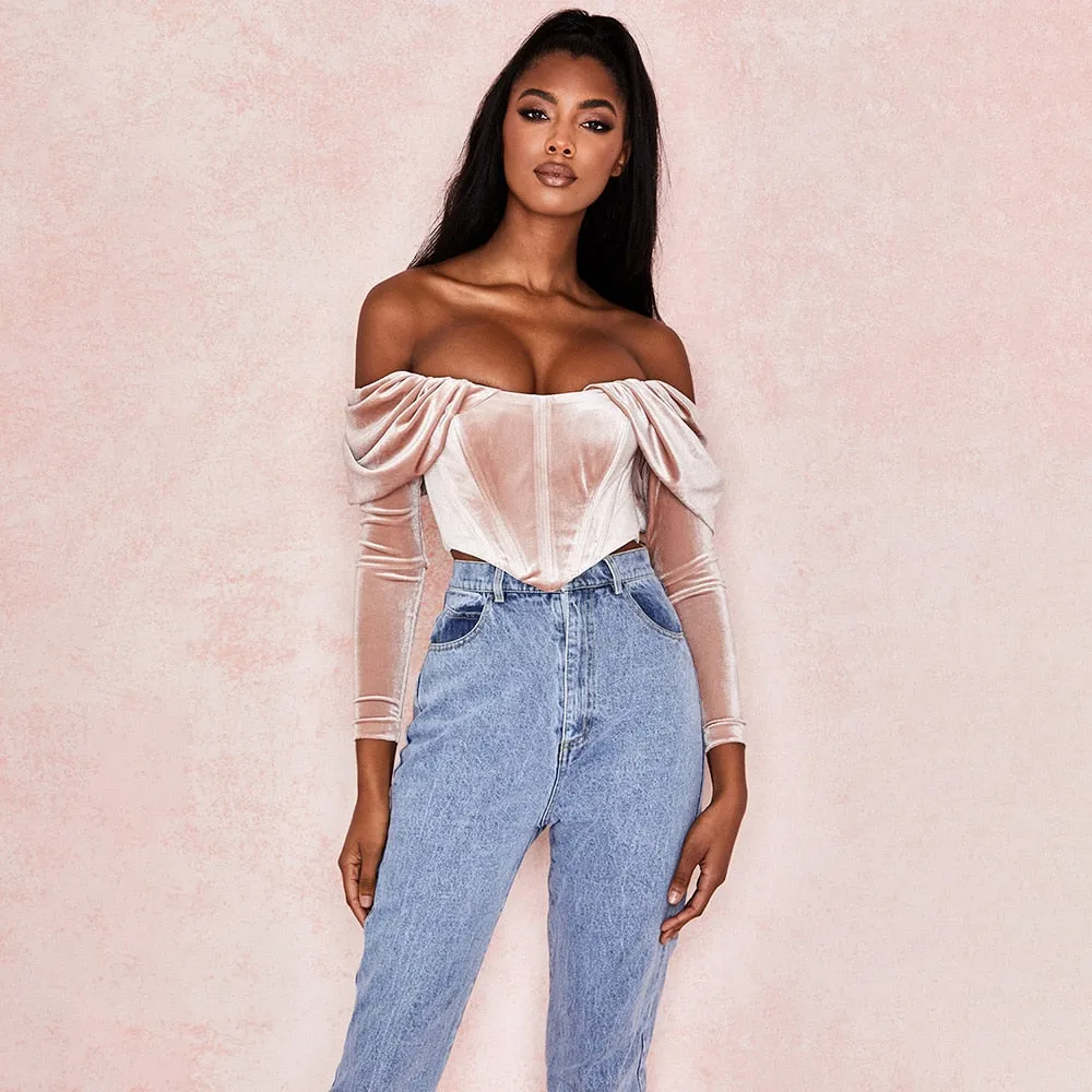 Elegant Pink Ruched Crop Tops Female Puff Sleeve