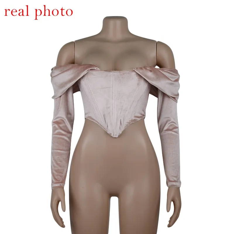 Elegant Pink Ruched Crop Tops Female Puff Sleeve