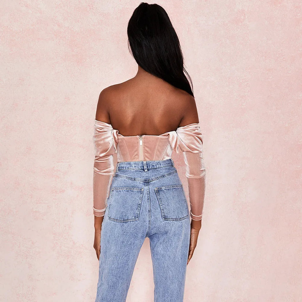 Elegant Pink Ruched Crop Tops Female Puff Sleeve