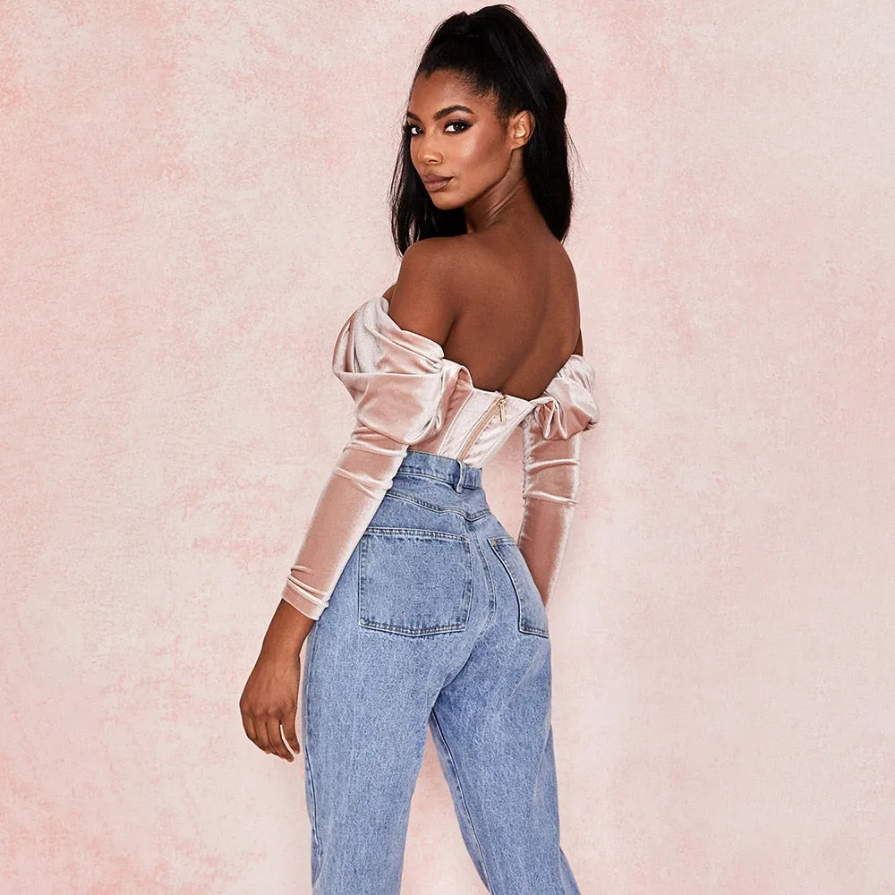 Elegant Pink Ruched Crop Tops Female Puff Sleeve