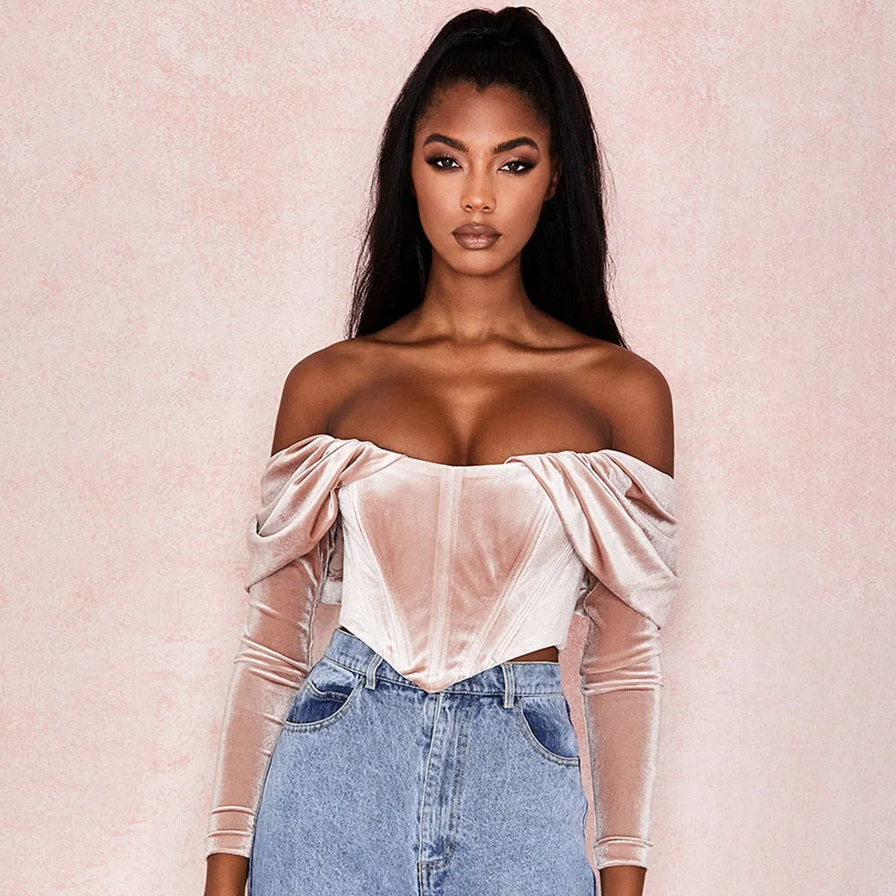 Elegant Pink Ruched Crop Tops Female Puff Sleeve