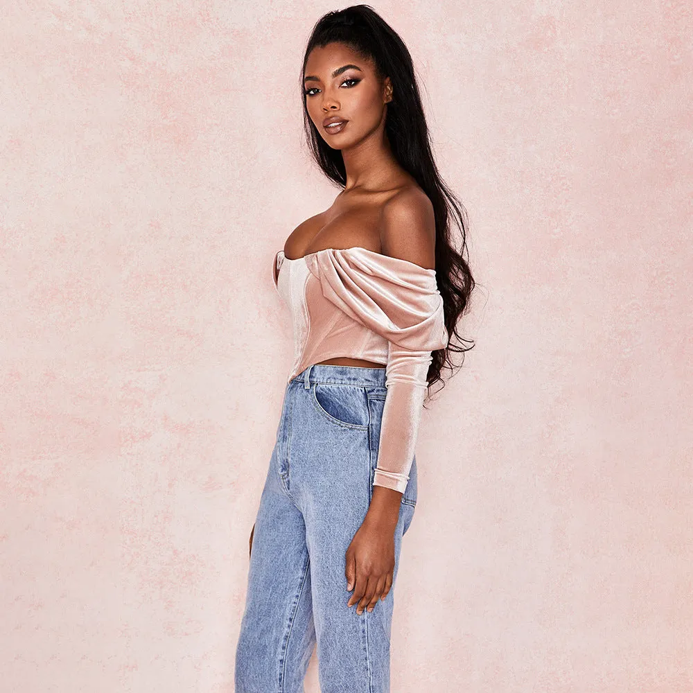 Elegant Pink Ruched Crop Tops Female Puff Sleeve