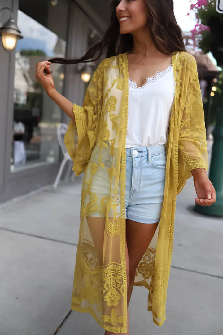 Free Bird Lace Crochet Kimono Midi-Duster - Mustard