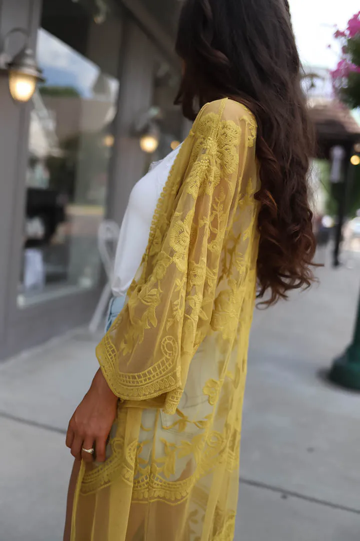 Free Bird Lace Crochet Kimono Midi-Duster - Mustard