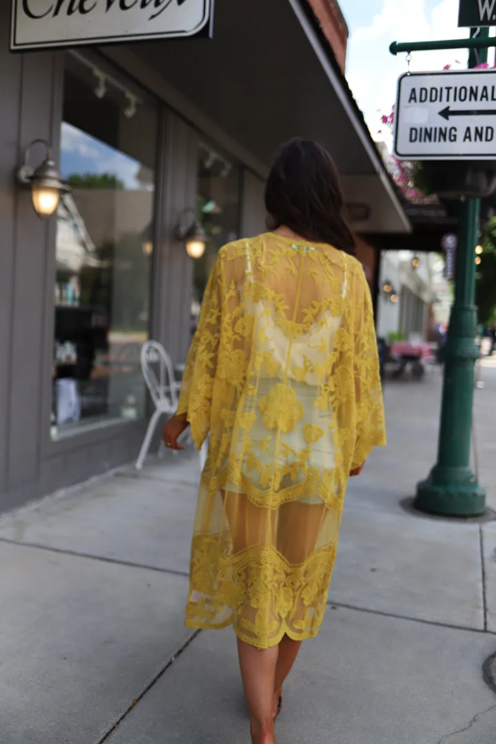 Free Bird Lace Crochet Kimono Midi-Duster - Mustard