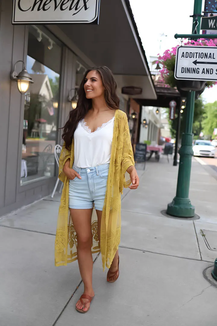 Free Bird Lace Crochet Kimono Midi-Duster - Mustard