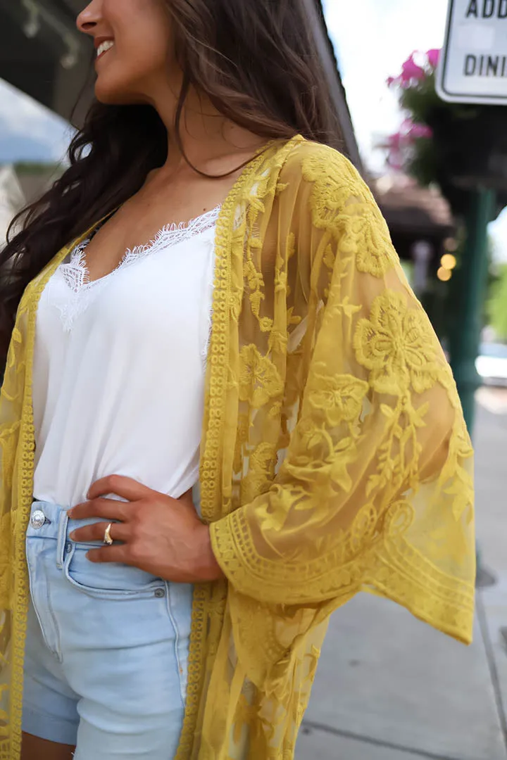 Free Bird Lace Crochet Kimono Midi-Duster - Mustard