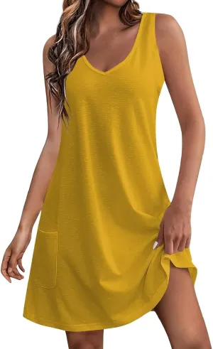 hlysgo Going Out Dresses for Women 2025 Summer Sleeveless V Neck Mini Dress Casual Beachwear Coverup Sundress with Pockets