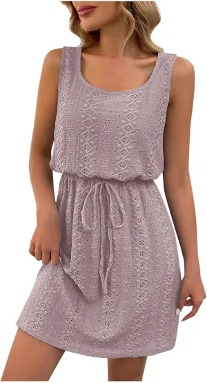 hlysgo Women Petite Sundress Summer Hollow Out Sleeveless Square Neck Beach Dresses Drawstring Waist Mini Dress for Vacation