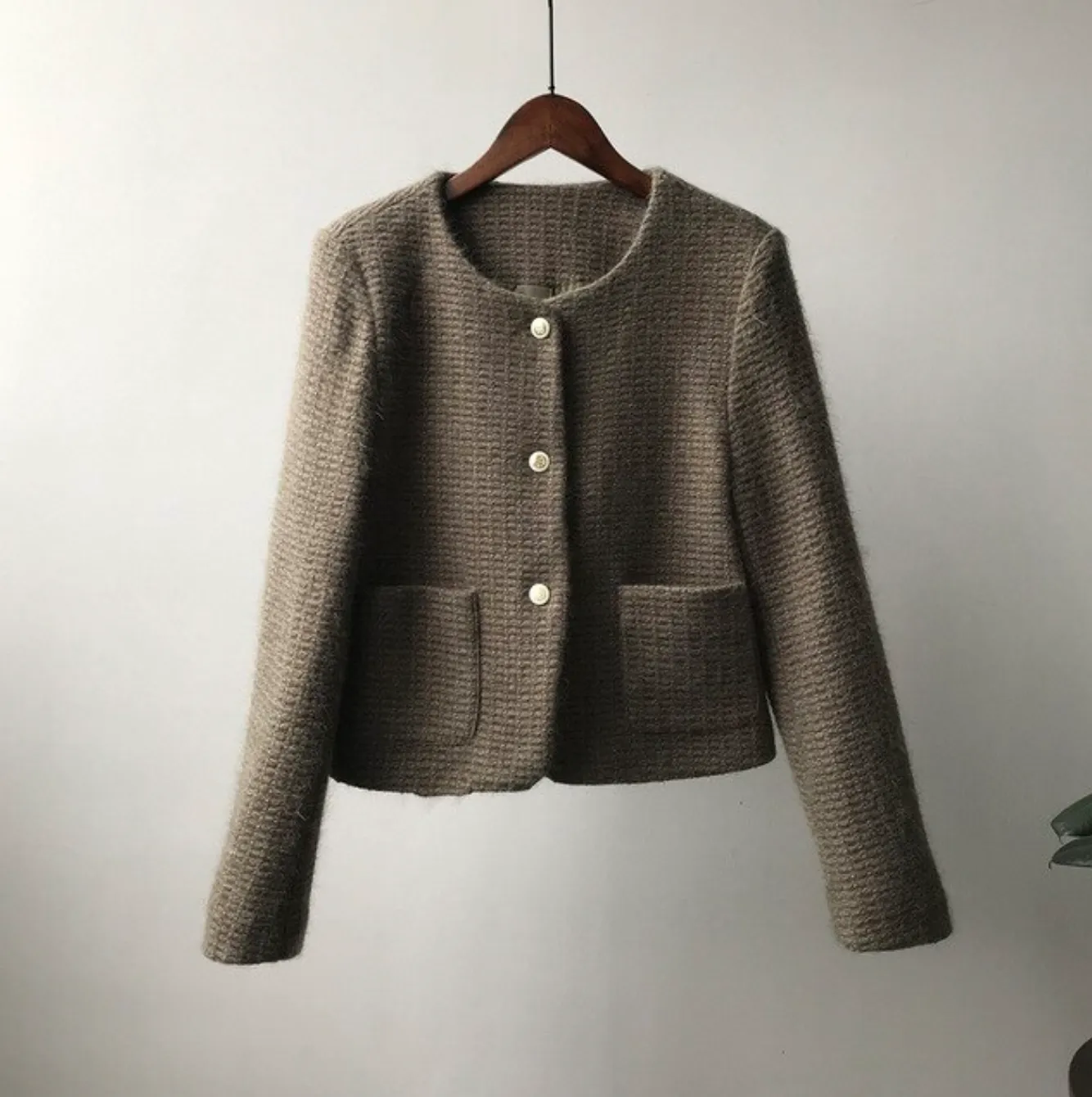 [Korean Style] High Quality Single Breasted Collarless Brushed Cropped Coat