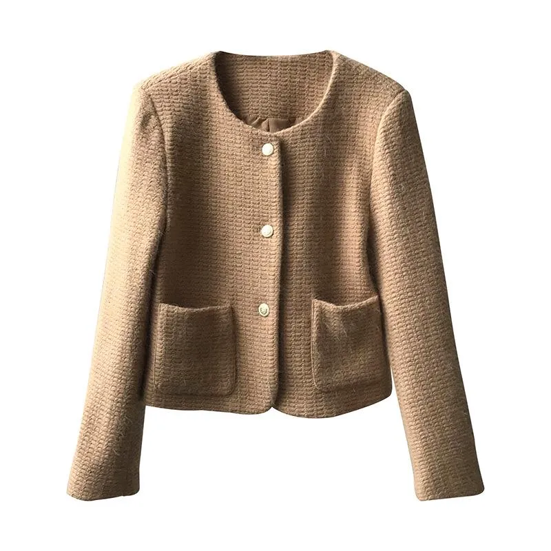 [Korean Style] High Quality Single Breasted Collarless Brushed Cropped Coat