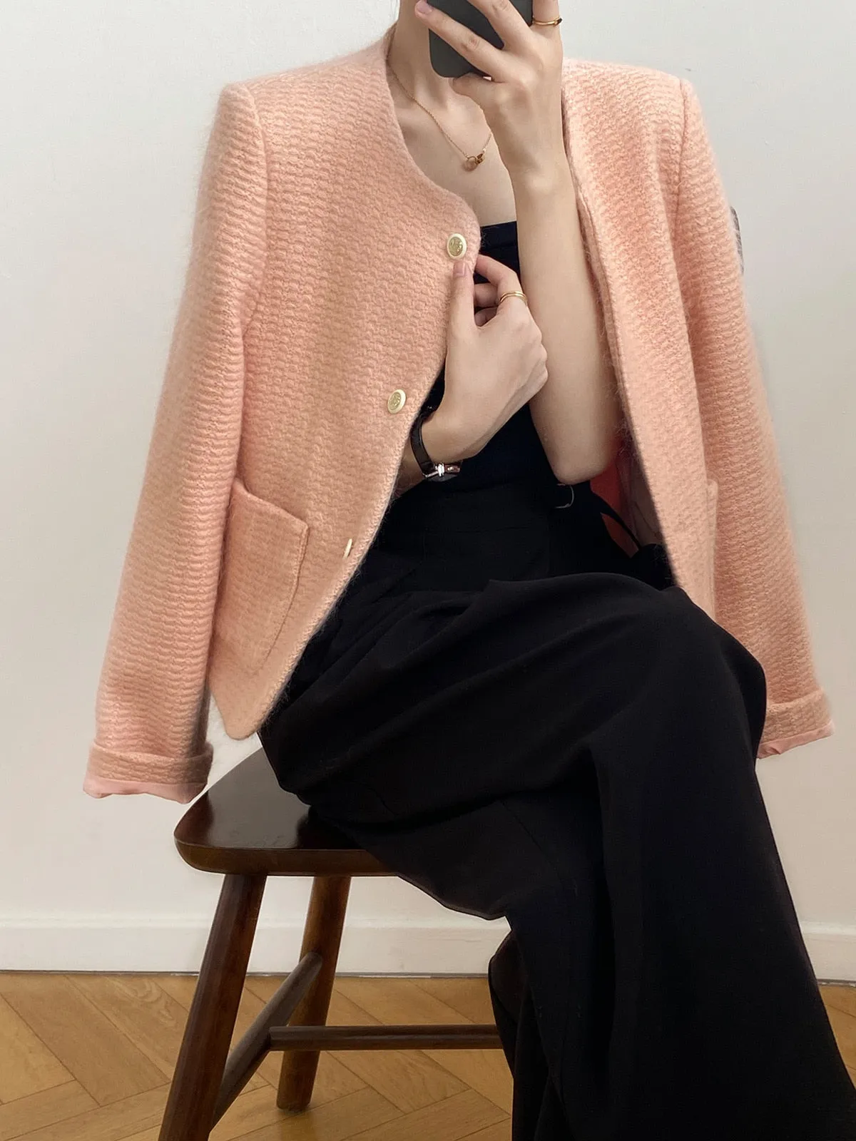 [Korean Style] High Quality Single Breasted Collarless Brushed Cropped Coat
