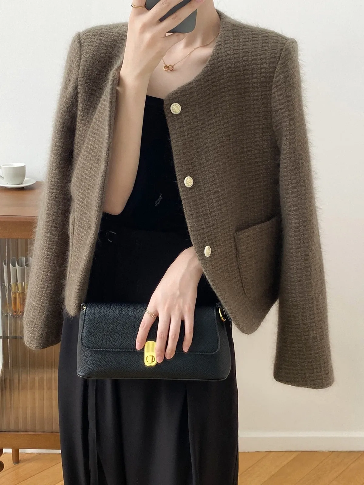 [Korean Style] High Quality Single Breasted Collarless Brushed Cropped Coat