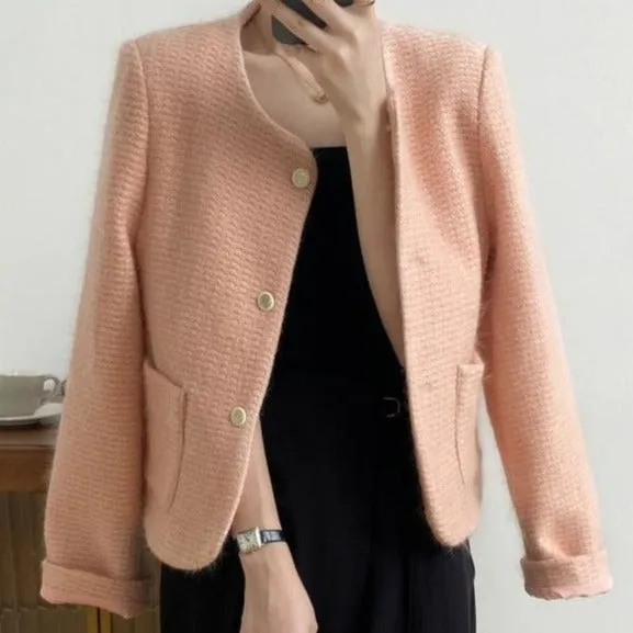 [Korean Style] High Quality Single Breasted Collarless Brushed Cropped Coat