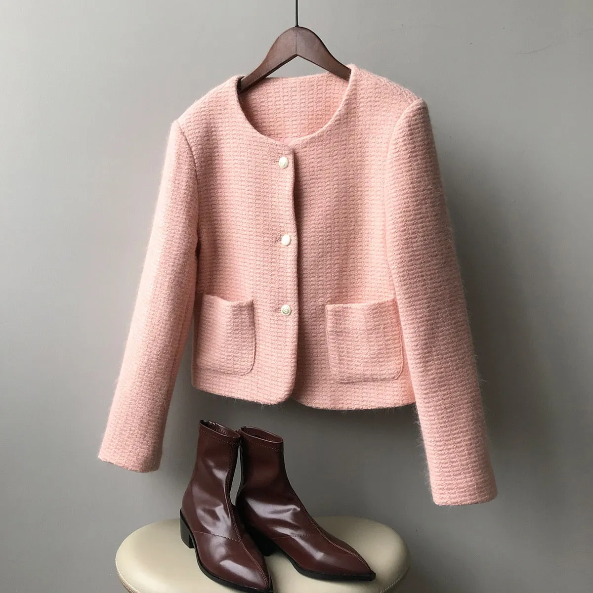 [Korean Style] High Quality Single Breasted Collarless Brushed Cropped Coat