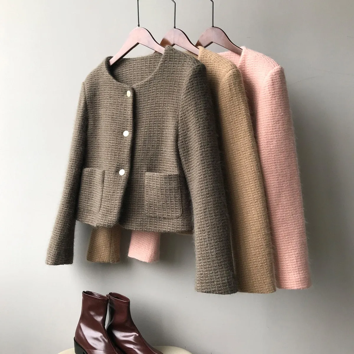 [Korean Style] High Quality Single Breasted Collarless Brushed Cropped Coat