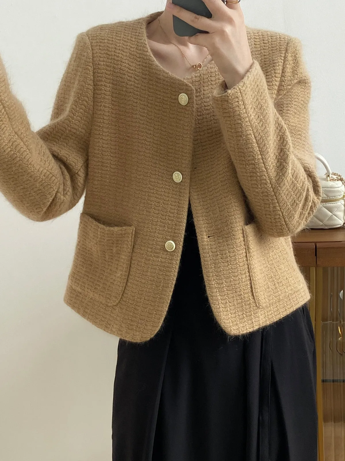 [Korean Style] High Quality Single Breasted Collarless Brushed Cropped Coat