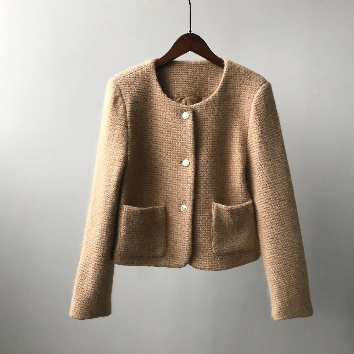 [Korean Style] High Quality Single Breasted Collarless Brushed Cropped Coat