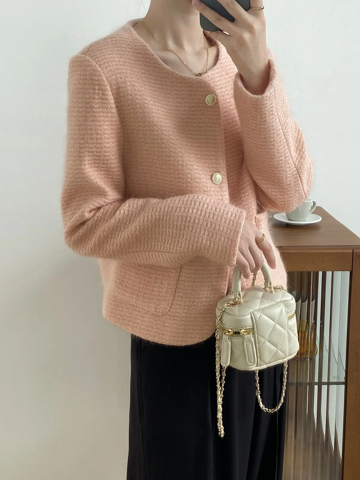 [Korean Style] High Quality Single Breasted Collarless Brushed Cropped Coat